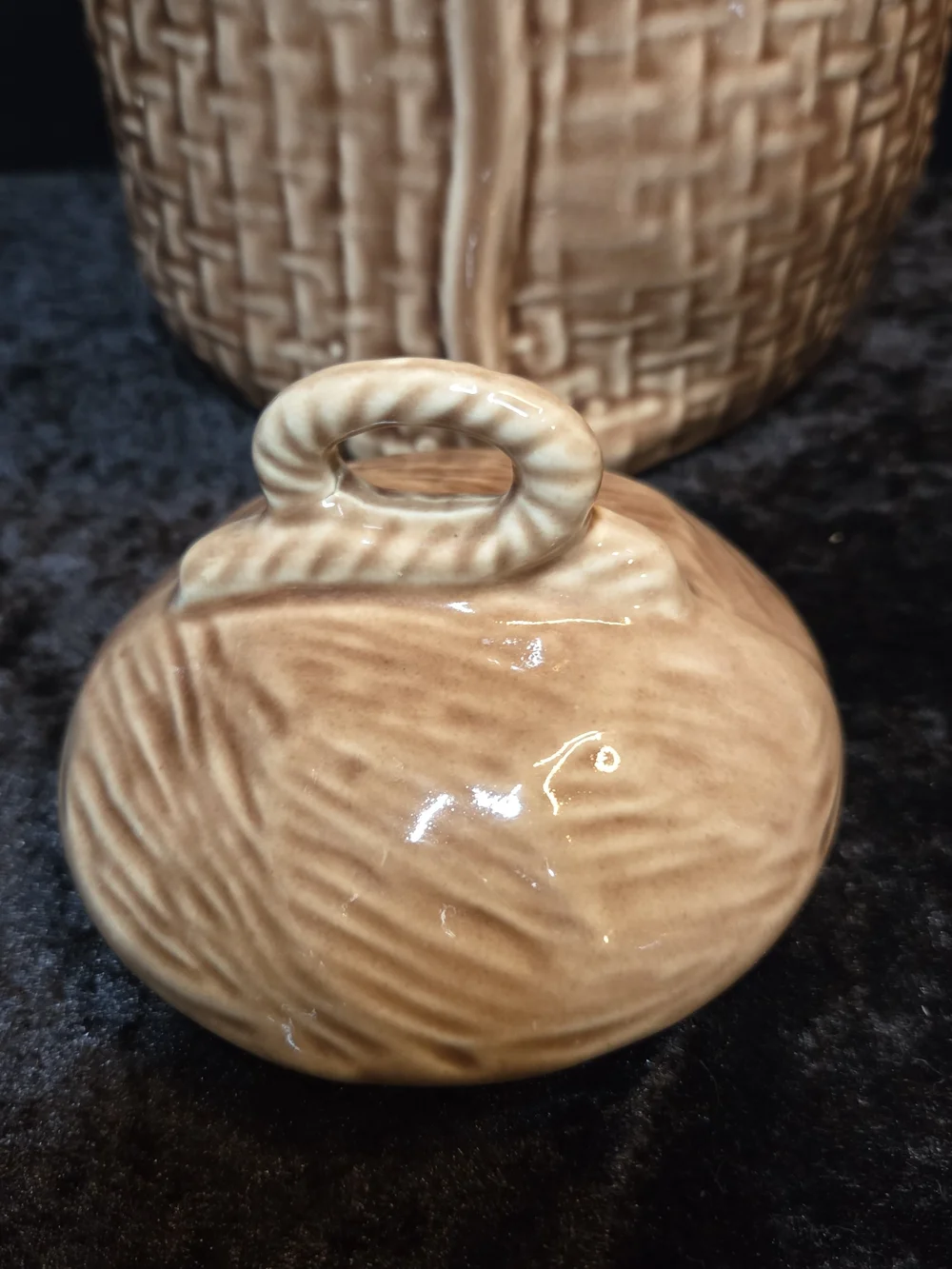 Mccoy Brown Glazed Ceramic Basketweave Cookie Jar with Lid